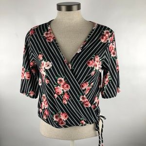 Caution The Wind Floral Wrap Top Striped Small